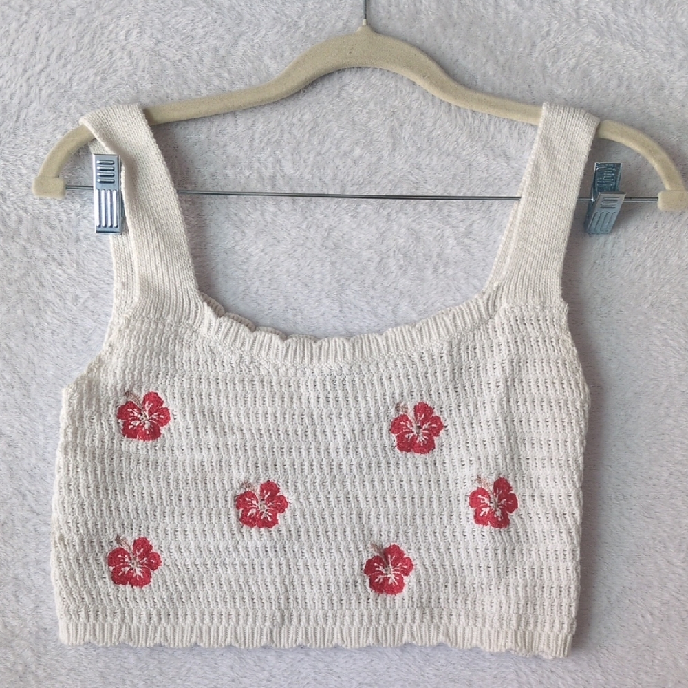 Wild Fable Juniors White Embroidered Blossom Knit Crop Top Size S